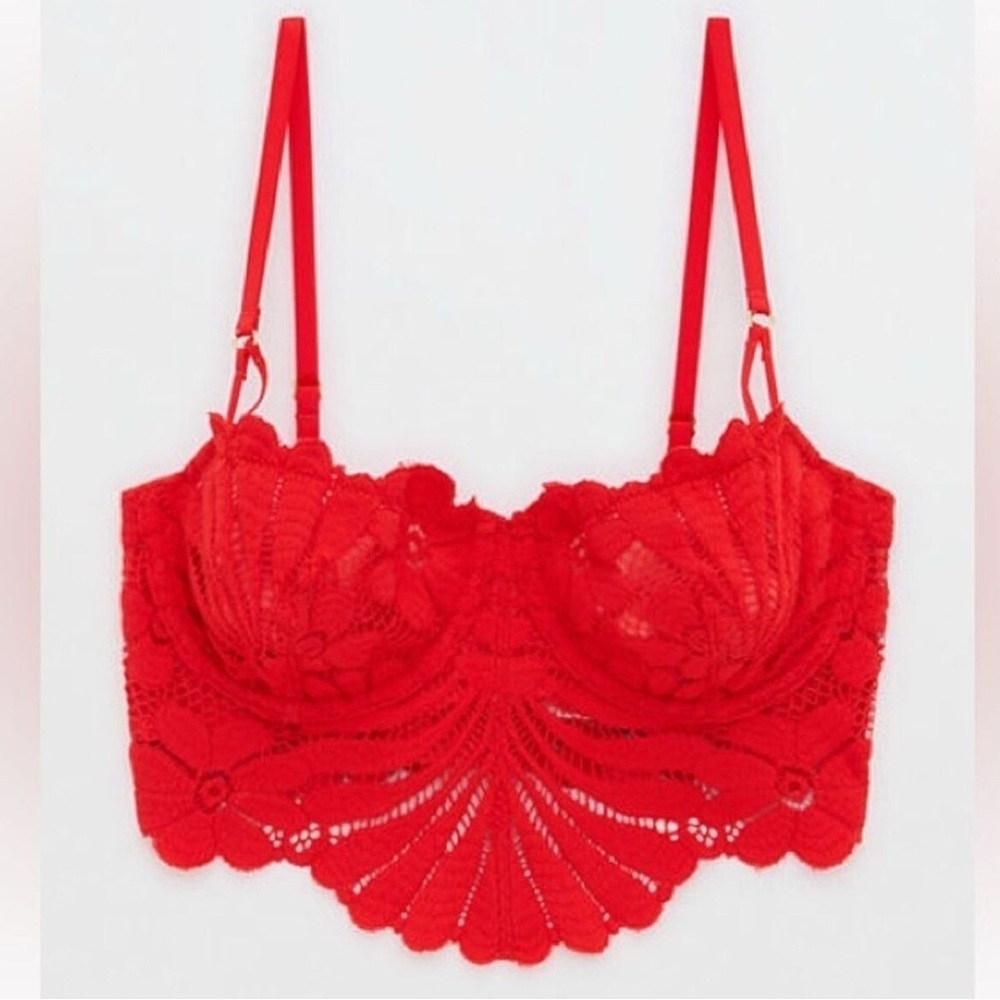 Aerie Red and Gold Lace Balconette Bra with Underwire and Scalloped Trim